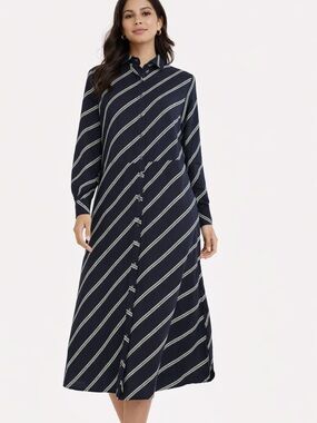 Vero Moda Striped Shirt Dress XL Navy Blue Button Front Midi Tunic Casual Chic